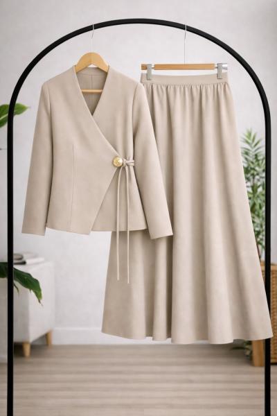 Yandan bağlamalı ceket etekTakım bej TB30380