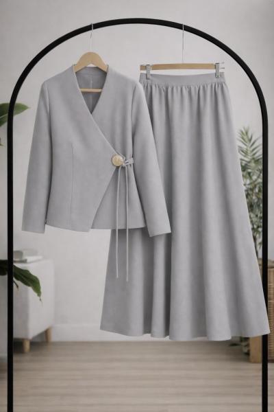 Yandan bağlamalı ceket etekTakım griTB30380