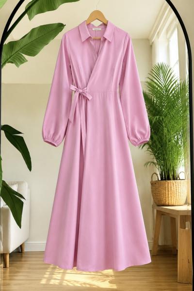 Yandan bağlamalı gömlek yaka elbise Pembe 9573