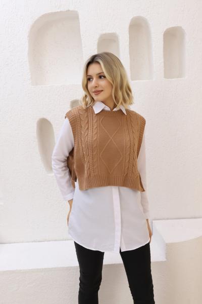 Yandan bağlamalı triko süveter camel  SLT30148