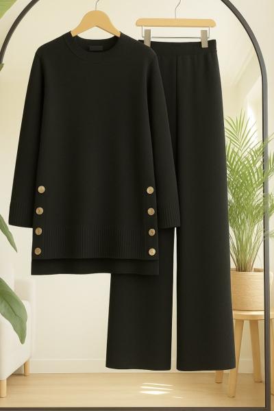 Yanlardan Düğmeli Triko Takım Siyah TCN 40147