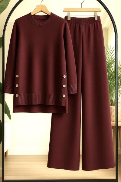 Yanlardan Düğmeli Triko Takım Bordo TCN 40147