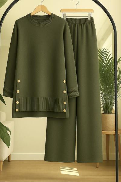 Yanlardan Düğmeli Triko Takım Yeşil  TCN 40147