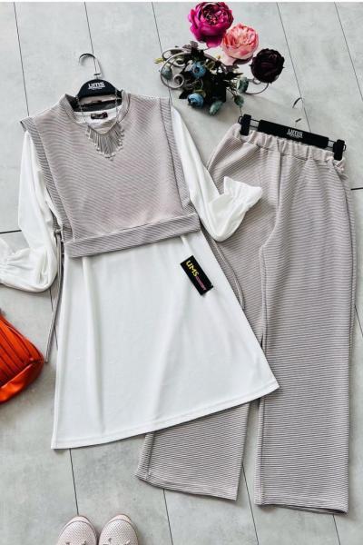 Yanlardan bağlamalı üçlü kırınkıl takım bej  UMS5002