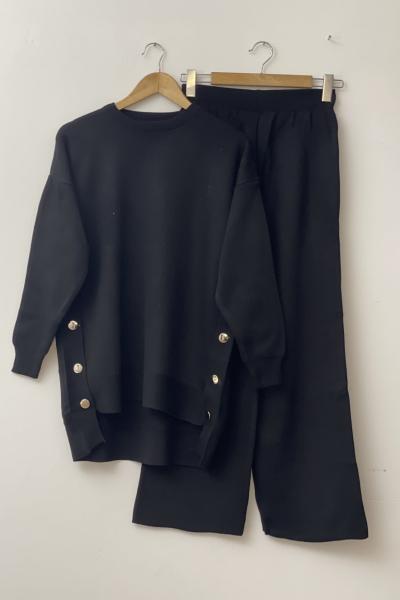Yanlardan çıtçıtlı triko takım Siyah SLT30154