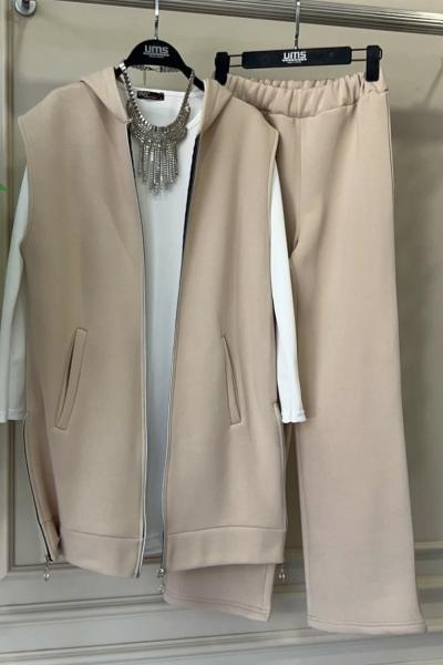 Yanlardan fermuarlı üçlü Takım Bej UMS50122