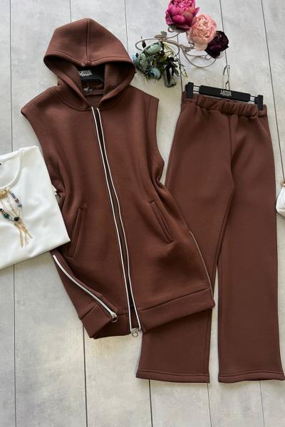 Yanlardan fermuarlı üçlü Takım kahve UMS50122