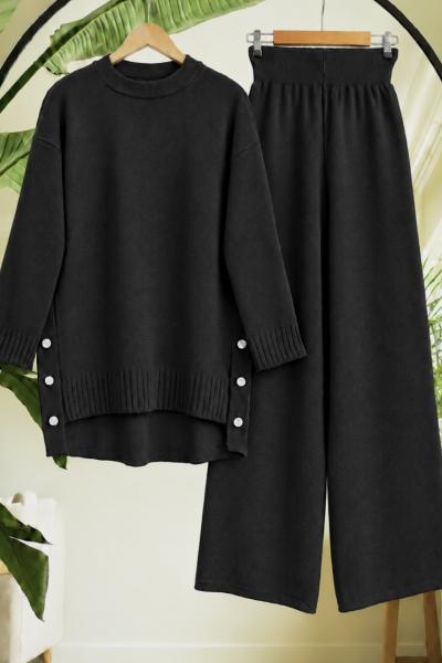 Yanları Düğmeli Tunik Pantolon Triko Takım Siyah TC40189