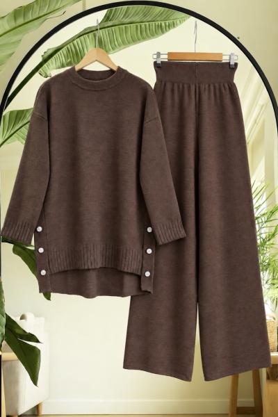 Yanları Düğmeli Tunik Pantolon Triko Takım Kahve TC40189