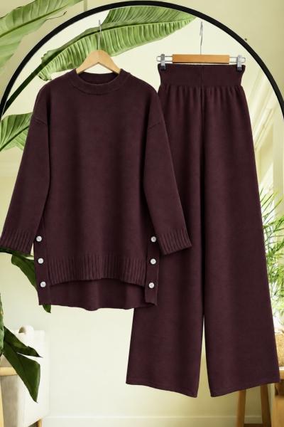 Yanları Düğmeli Tunik Pantolon Triko Takım Mürdüm TC40189