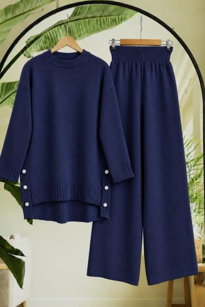 Yanları Düğmeli Tunik Pantolon Triko Takım Lacivert TC40189