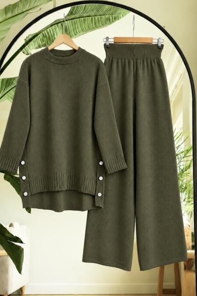 Yanları Düğmeli Tunik Pantolon Triko Takım Yeşil TC40189