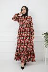 Yaprak Desenli Viskon Elbise Bordo UMS919