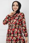 Yaprak Desenli Viskon Elbise Bordo UMS919