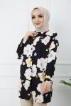 Yaprak Desenli viskon kumaş salaş tunik  SiyahSLT969