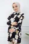 Yaprak Desenli viskon kumaş salaş tunik  SiyahSLT969