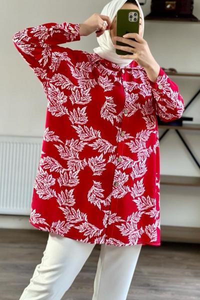 Yaprak desenli viskon kumaş gömlek kırmızı TBT1538