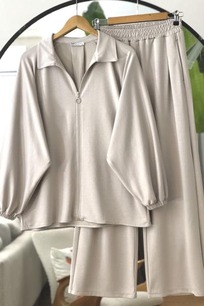 Yarasa kol  fermuarlı ikili Takım Bej UMS50326