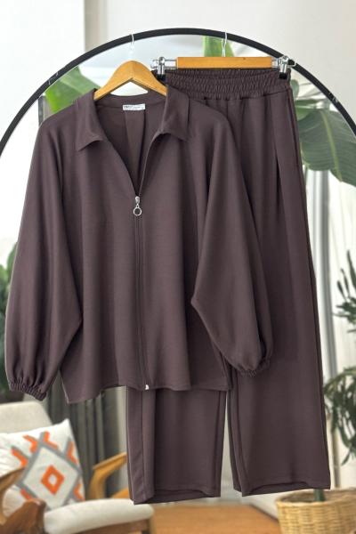 Yarasa kol  fermuarlı ikili Takım Kahve UMS50326