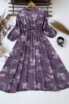 Yarasa kol kemerli saten elbise Lila HBS1574