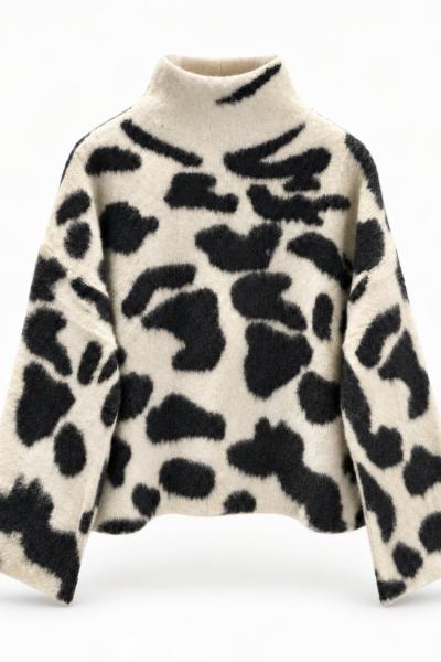 Yarım Balıkçı Yaka Zebra Desenli Triko Kazak  Bej  BS17461
