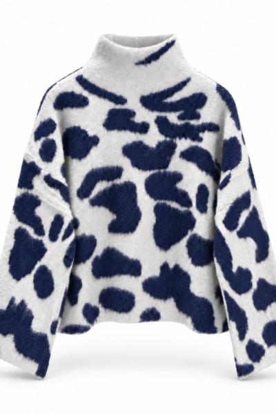 Yarım Balıkçı Yaka Zebra Desenli Triko Kazak  Gri  BS17461