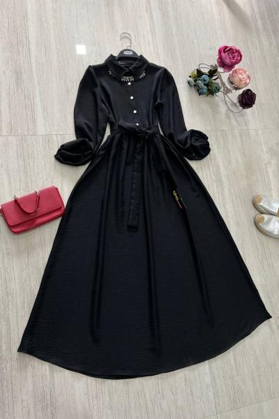 Yarım  düğmeli  keten kiloş elbise Siyah UMS5041