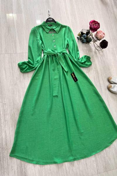 Yarım  düğmeli  keten kiloş elbise yeşil UMS5041
