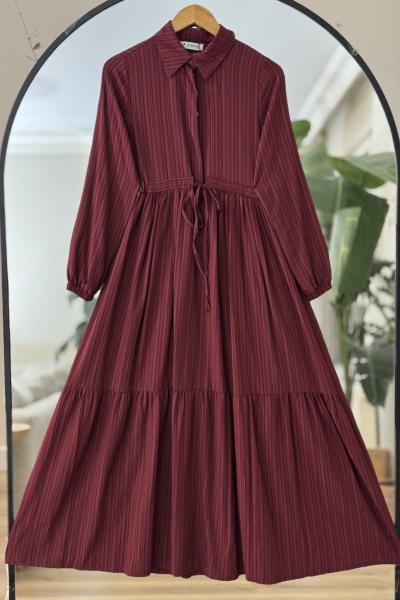 Yarım düğmeli bel büzgülü Elbise Bordo KRN30261