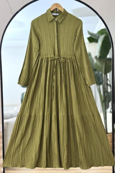 Yarım düğmeli bel büzgülü Elbise çimenyeşil KRN30261