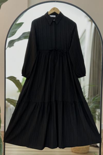 Yarım düğmeli bel büzgülü Elbise  Siyah KRN30261