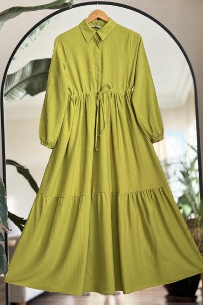 Yarım düğmeli bel büzgülü Elbise Yağyeşil KRN30261