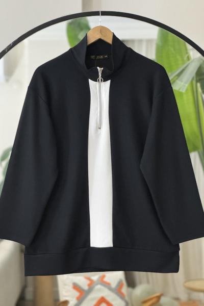 Yarım Fermuarlı Beyaz Garnili Tunik siyah TCN40121