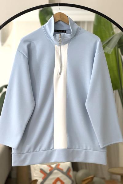 Yarım Fermuarlı Beyaz Garnili Tunik Mavi TCN40121