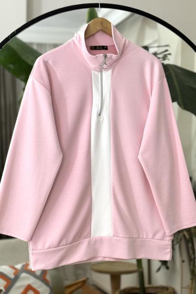 Yarım Fermuarlı Beyaz Garnili Tunik Pembe TCN40121