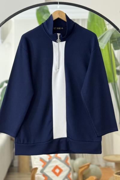 Yarım Fermuarlı Beyaz Garnili Tunik Lacivert TCN40121