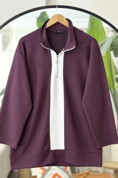 Yarım Fermuarlı Beyaz Garnili Tunik Mürdüm  TCN40121