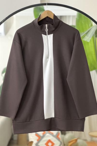 Yarım Fermuarlı Beyaz Garnili Tunik Kahverengi TCN40121