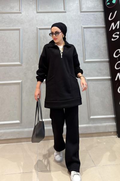 Yarım Fermuarlı çuval cepli Üçiplik Takım Siyah UMS50328