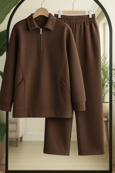 Yarım Fermuarlı çuval cepli Üçiplik Takım Kahve UMS50328