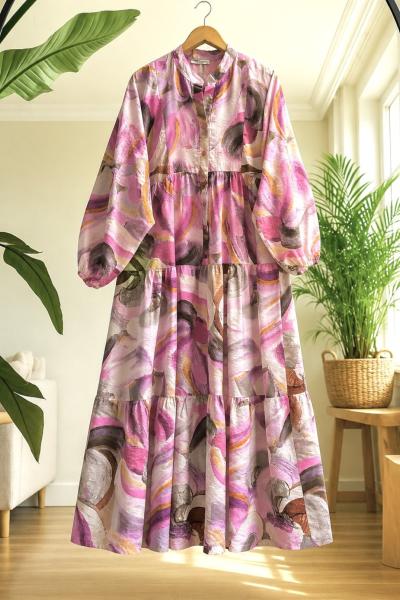 Yarım patlı desenli elbise pembe 5UMS50357