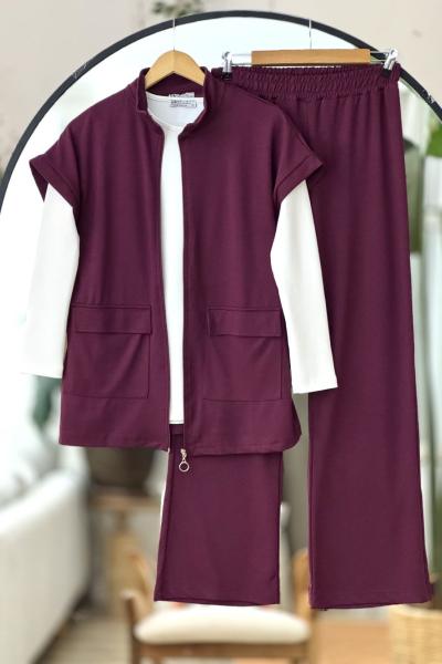 Yelekli  fermuarlı üçlü Takım Bordo UMS50312