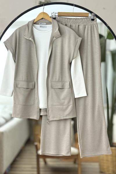 Yelekli  fermuarlı üçlü Takım Bej UMS50312