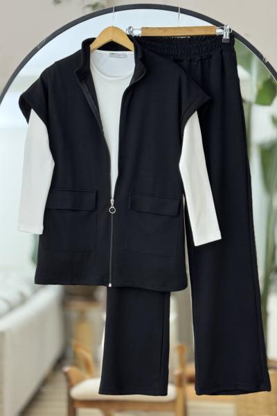 Yelekli  fermuarlı üçlü Takım   Siyah  UMS50312