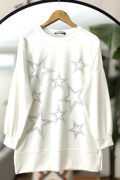Yıldız Taş İşlemeli Oyso Tunik Beyaz NW6057