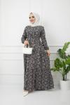 Yonca desen bel bağçıklı  Viskon kumaş elbise siyah HBS1165