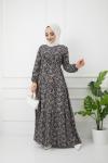 Yonca desen bel bağçıklı  Viskon kumaş elbise siyah HBS1165