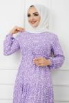 Yonca desen bel bağçıklı  Viskon kumaş elbise Lila HBS1165