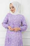 Yonca desen bel bağçıklı  Viskon kumaş elbise Lila HBS1165