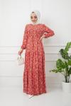 Yonca desen bel bağçıklı  Viskon kumaş elbise Kırmızı HBS1165